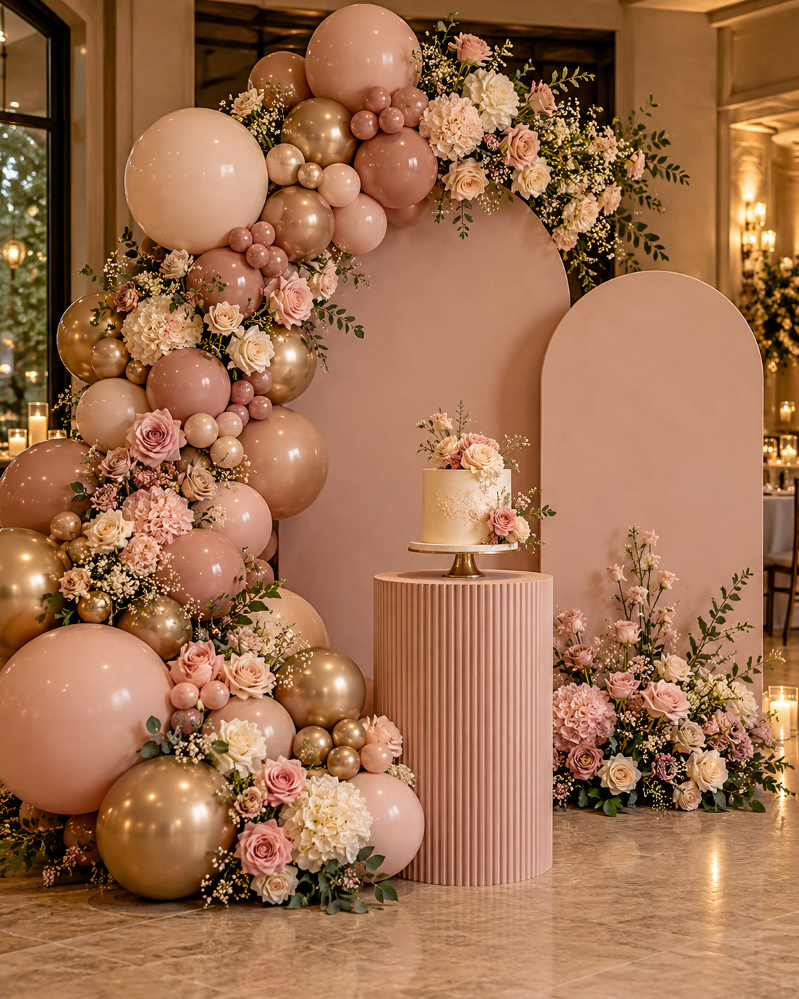 Blush balloon arch and backdrop with a flower arrangement and cake plinth