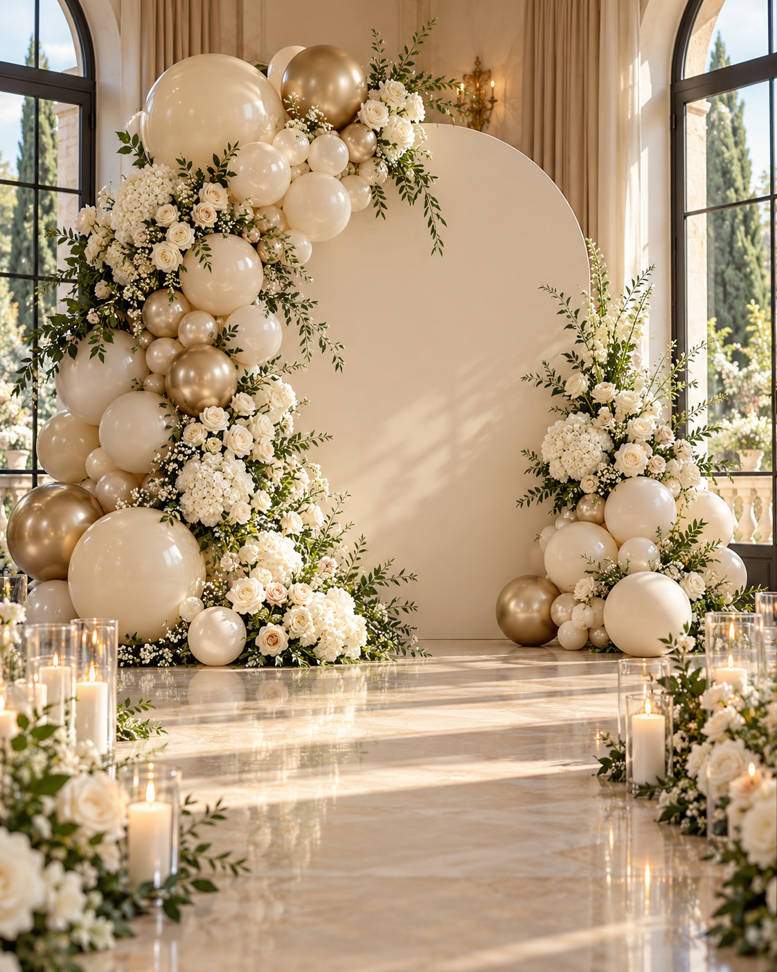 Ivory and gold balloon arch with white flowers in a bright venue