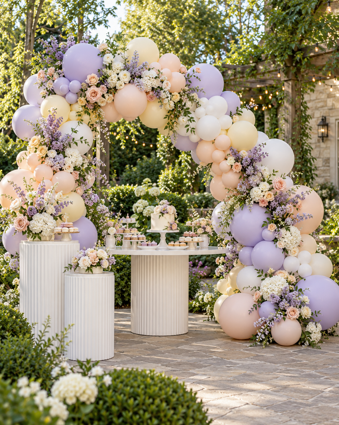 Pastel balloon arch with lavender flowers at an outdoor celebration