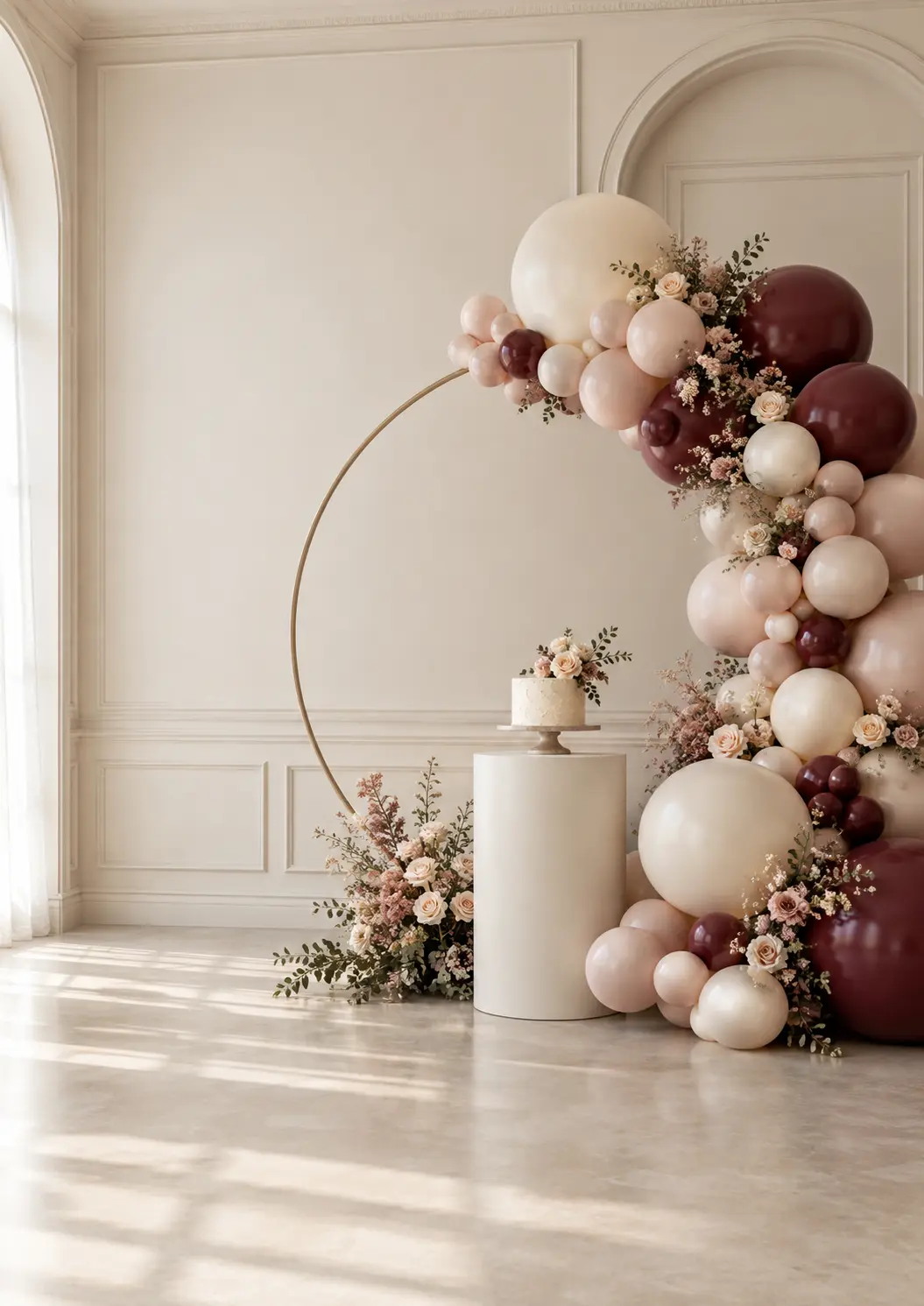 Elegant ivory, blush and burgundy balloon installation with flowers and a cake plinth