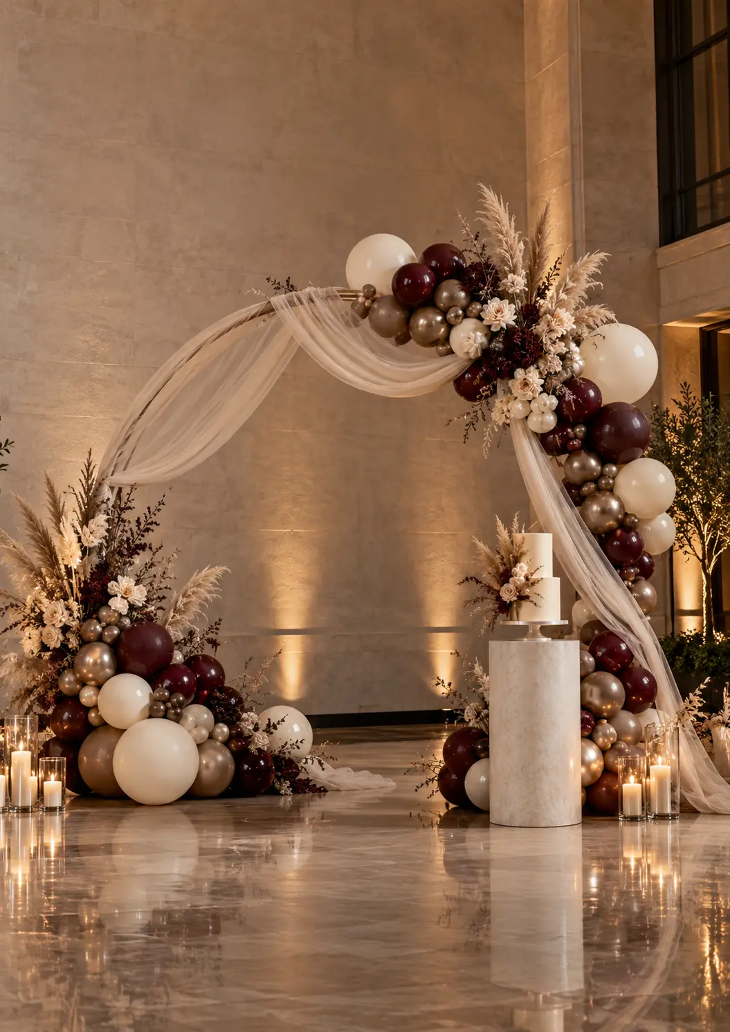 Large burgundy, ivory and champagne balloon arch styled for an evening venue
