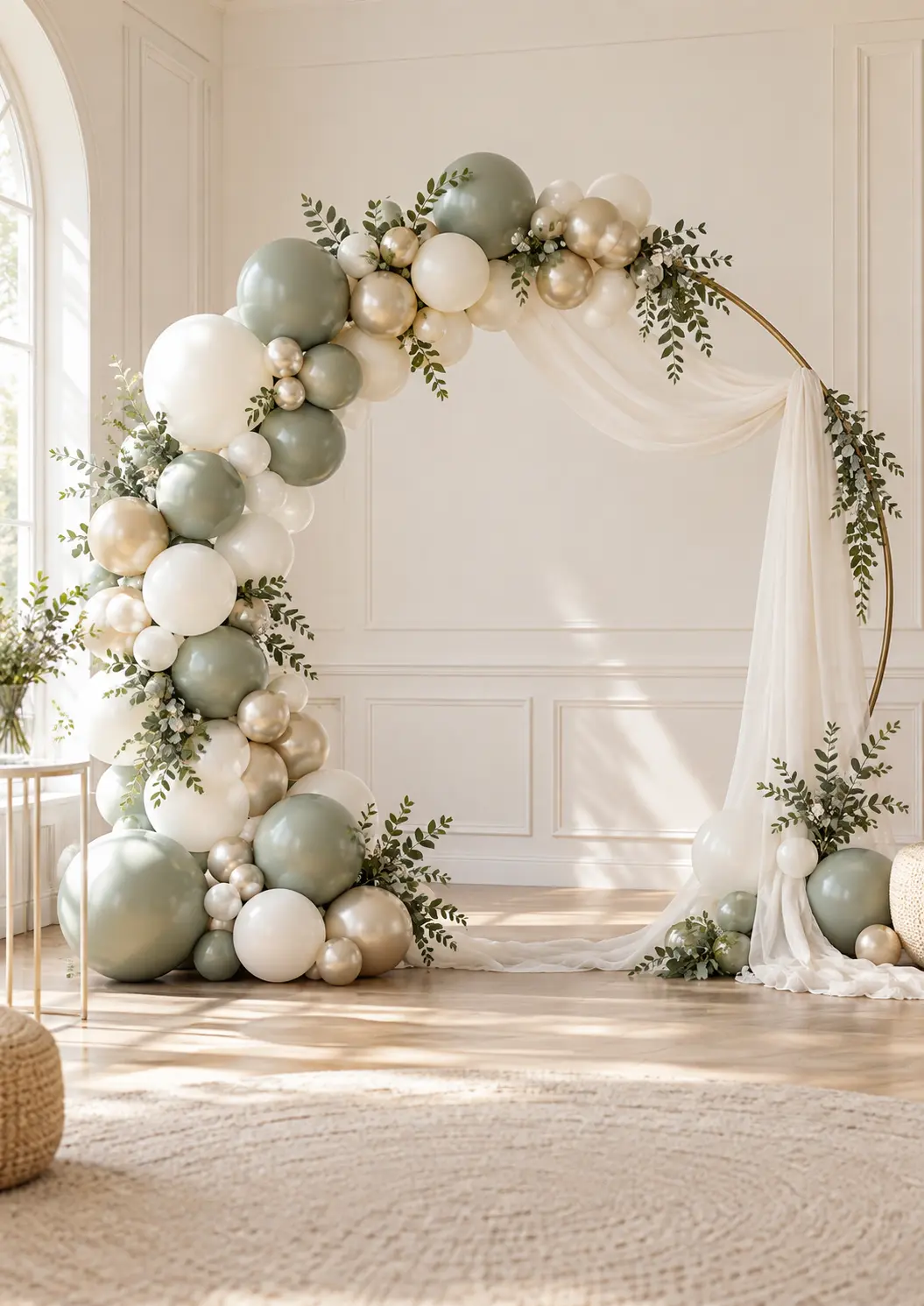 Sage, ivory and champagne balloon display with draped fabric and greenery
