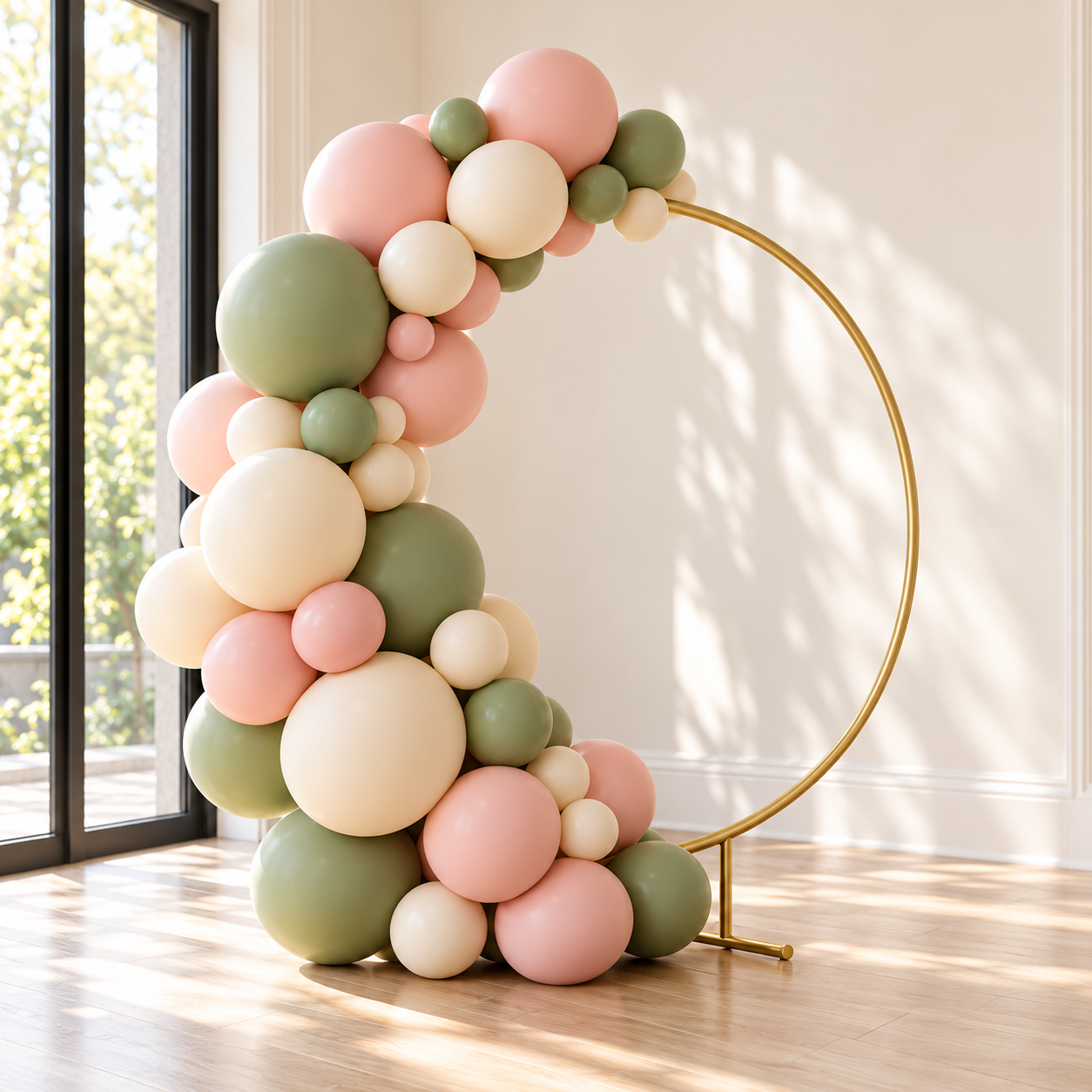 Small event set-up with a blush, ivory and sage balloon display on a gold hoop
