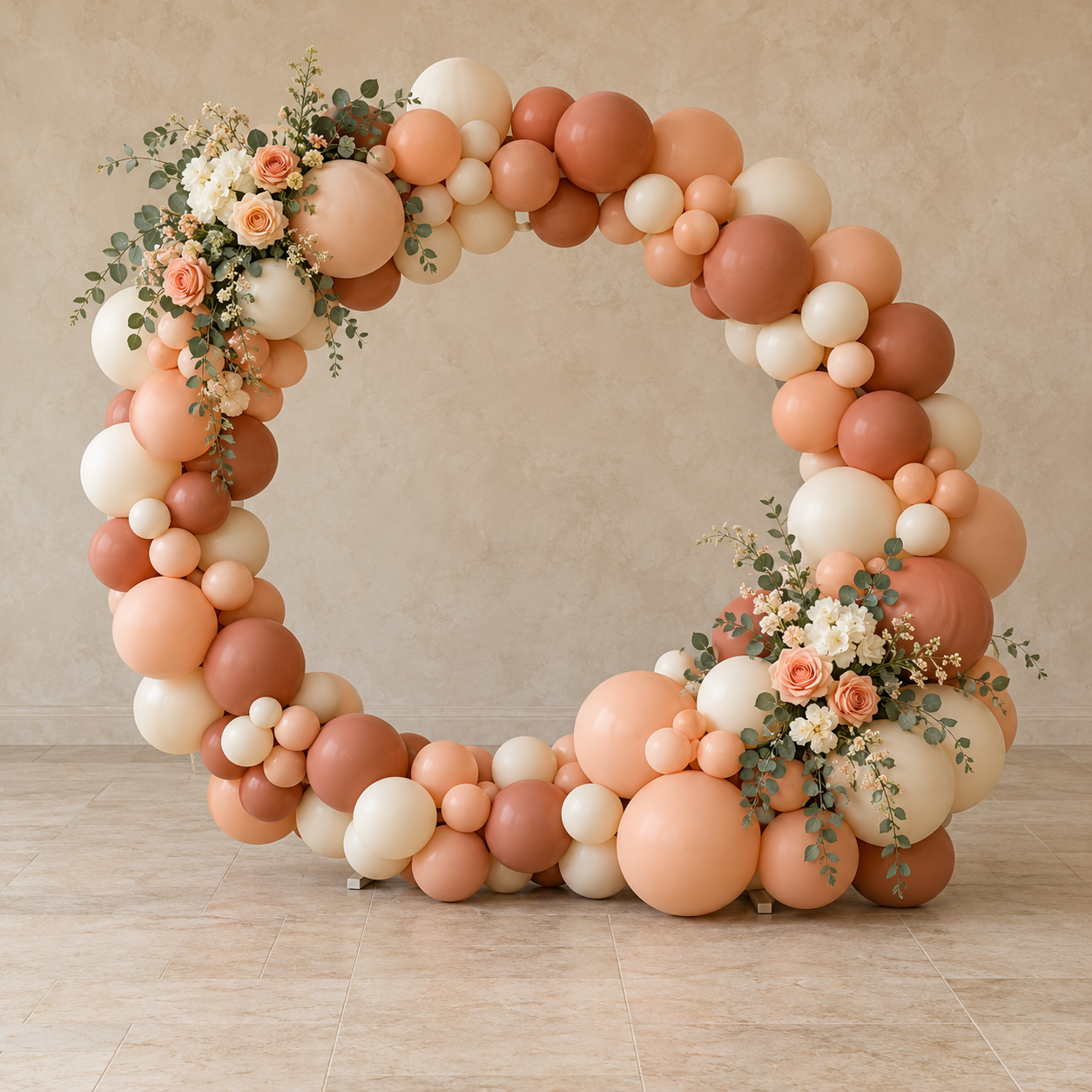 Medium event set-up with a terracotta and ivory balloon arch and floral details