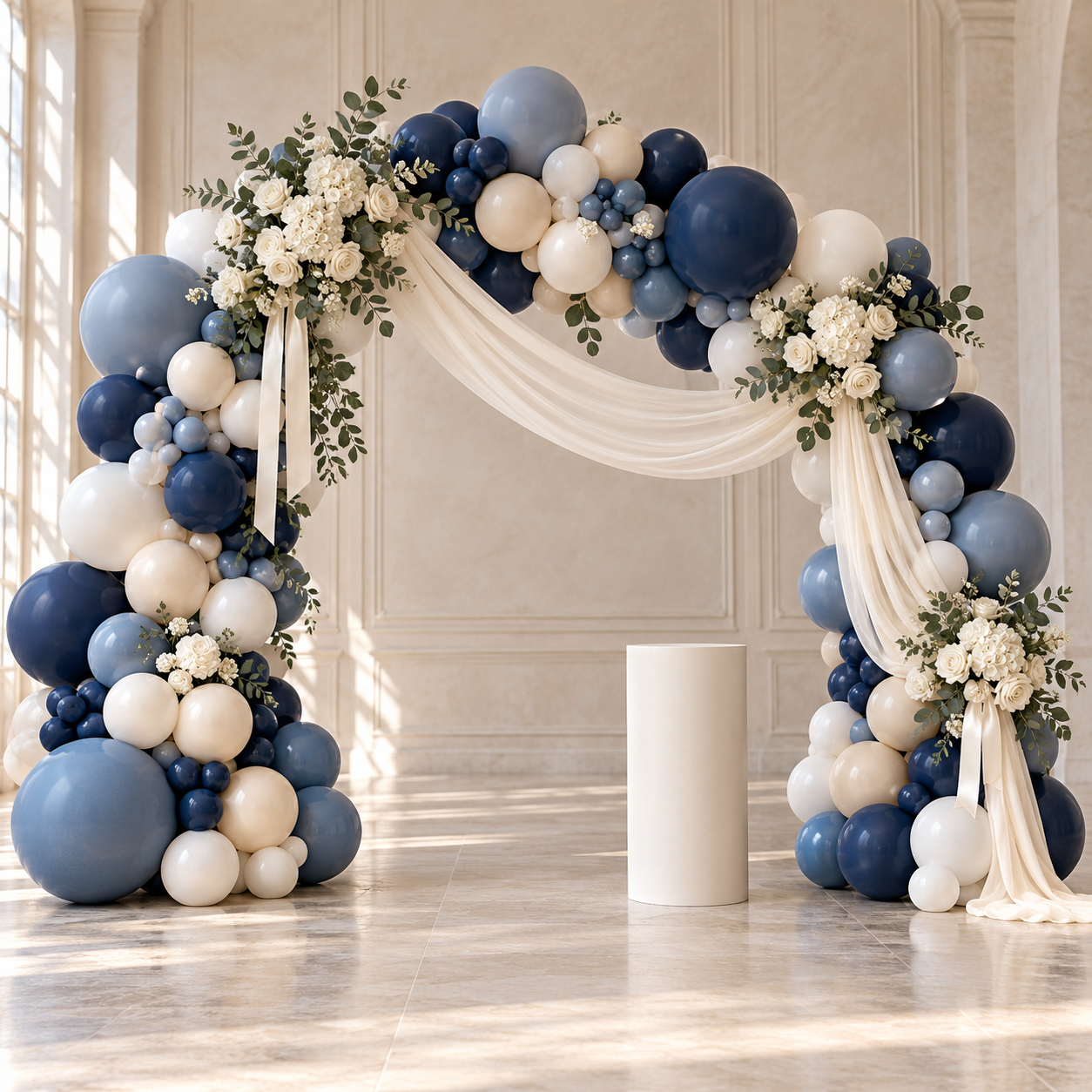 Large event set-up with a navy and ivory balloon arch, flowers and draped fabric